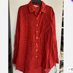 Sundry 1 S Red Color Cute Back Logos Cotton Button Up Long Sleeve Kaftan Shirt